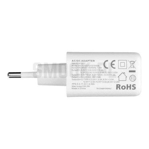 Ładowarka sieciowa do telefonu VEGER USB A + Typ C PD QC3.0 3,25A 65W + kabel USB C do USB C TR67 biała