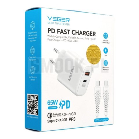 Ładowarka sieciowa do telefonu VEGER USB A + Typ C PD QC3.0 3,25A 65W + kabel USB C do USB C TR67 biała