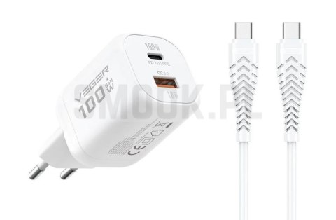 Ładowarka sieciowa do telefonu VEGER USB A + Typ C PD Super Charge PPS 100W + kabel Typ C do C 240W TR150 biała