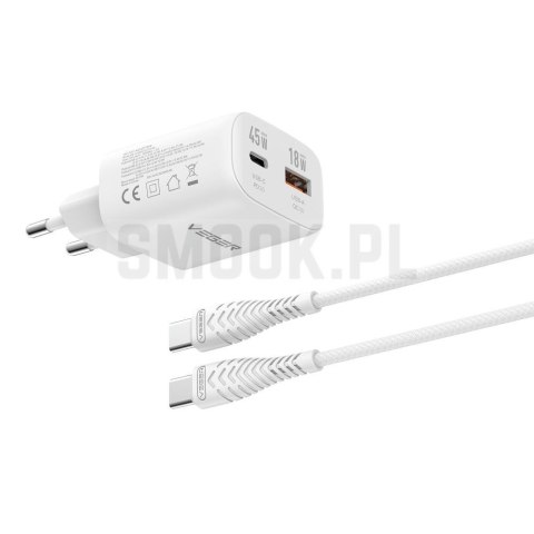 Ładowarka sieciowa do telefonu VEGER USB A + Typ C PD Super Charge PPS 45W + kabel Typ C do C 100W TR101 biała