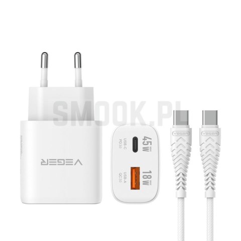 Ładowarka sieciowa do telefonu VEGER USB A + Typ C PD Super Charge PPS 45W + kabel Typ C do C 100W TR101 biała