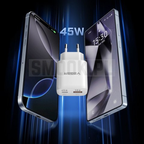 Ładowarka sieciowa do telefonu VEGER USB A + Typ C PD Super Charge PPS 45W + kabel Typ C do C 100W TR101 biała