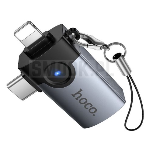 Adapter OTG 2w1 Lightning / USB C do USB A Hoco UA46E Victory szary