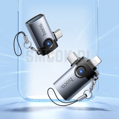 Adapter OTG 2w1 Lightning / USB C do USB A Hoco UA46E Victory szary