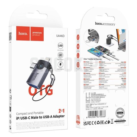 Adapter OTG 2w1 Lightning / USB C do USB A Hoco UA46E Victory szary