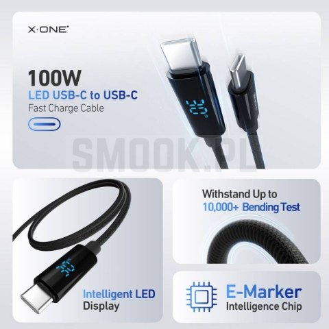 Kabel USB X-ONE BoltLink LED Display - typ C do C max 100W 1,5m czarny