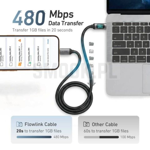 Kabel USB X-ONE FlowLink Running LED - typ C do C max 100W 1,2m czarny