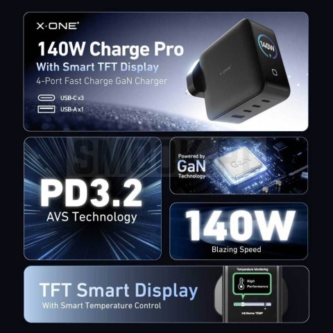 Ładowarka sieciowa X-ONE ChargeGo GaN 65W ze zwijanym kablem USB C i portem typ C - czarna