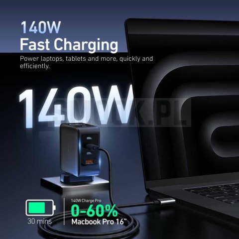 Ładowarka sieciowa X-ONE ChargeGo GaN 65W ze zwijanym kablem USB C i portem typ C - czarna