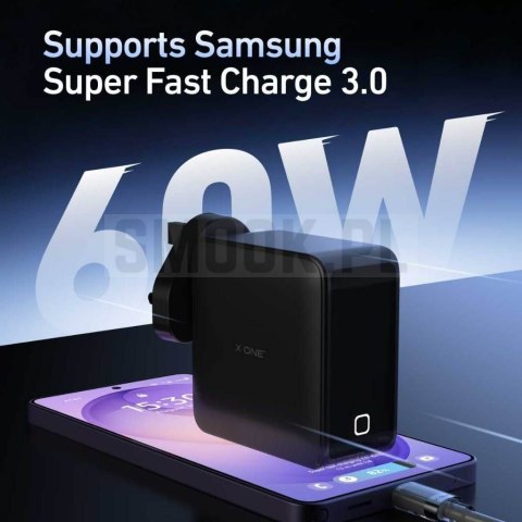Ładowarka sieciowa X-ONE ChargeGo GaN 65W ze zwijanym kablem USB C i portem typ C - czarna