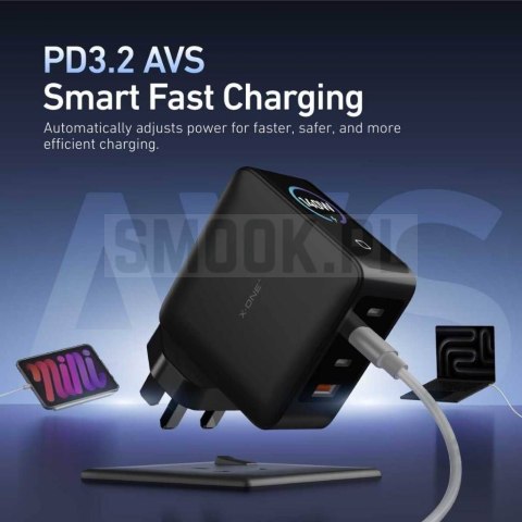 Ładowarka sieciowa X-ONE ChargeGo GaN 65W ze zwijanym kablem USB C i portem typ C - czarna