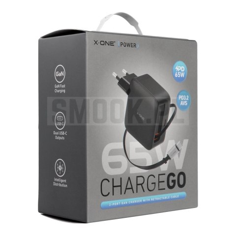 Ładowarka sieciowa X-ONE ChargeGo GaN 65W ze zwijanym kablem USB C i portem typ C - czarna