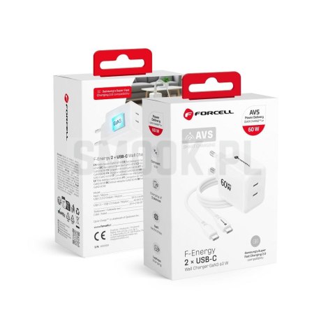 Ładowarka sieciowa do telefonu Forcell F-Energy GaN III Crystal Color 2x USB C AVS SSFC3.0 60W + kabel USB C do USB C VT-60 biał