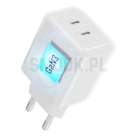 Ładowarka sieciowa do telefonu Forcell F-Energy GaN III Crystal Color 2x USB C AVS SSFC3.0 60W + kabel USB C do USB C VT-60 biał