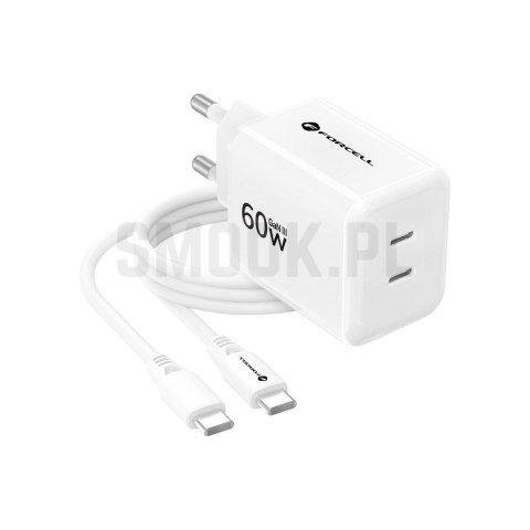 Ładowarka sieciowa do telefonu Forcell F-Energy GaN III Crystal Color 2x USB C AVS SSFC3.0 60W + kabel USB C do USB C VT-60 biał