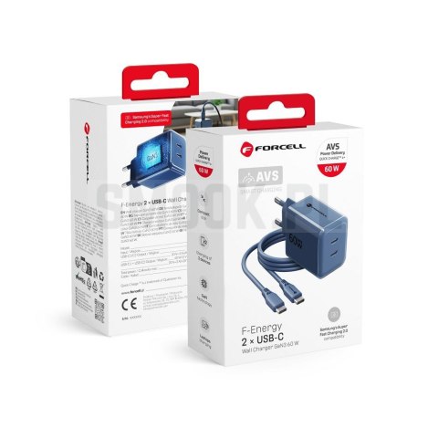 Ładowarka sieciowa do telefonu Forcell F-Energy GaN III Crystal Color 2x USB C AVS SSFC3.0 60W + kabel USB C do USB C VT-60 gran