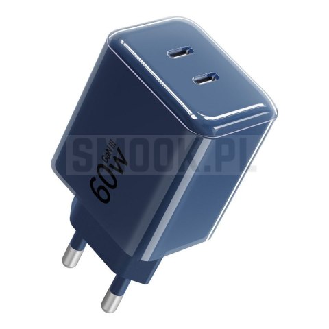 Ładowarka sieciowa do telefonu Forcell F-Energy GaN III Crystal Color 2x USB C AVS SSFC3.0 60W + kabel USB C do USB C VT-60 gran