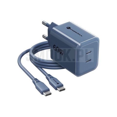 Ładowarka sieciowa do telefonu Forcell F-Energy GaN III Crystal Color 2x USB C AVS SSFC3.0 60W + kabel USB C do USB C VT-60 gran