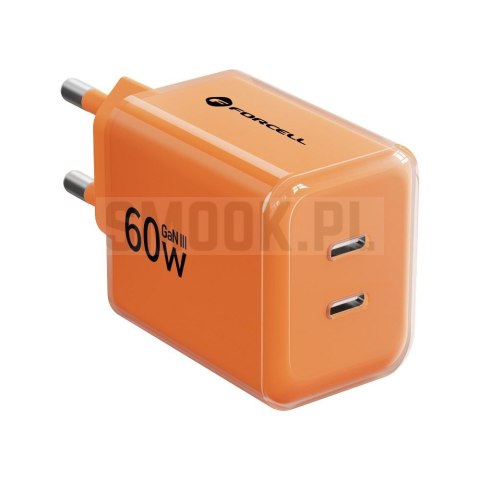 Ładowarka sieciowa do telefonu Forcell F-Energy GaN III Crystal Color 2x USB C AVS SSFC3.0 60W + kabel USB C do USB C VT-60 poma