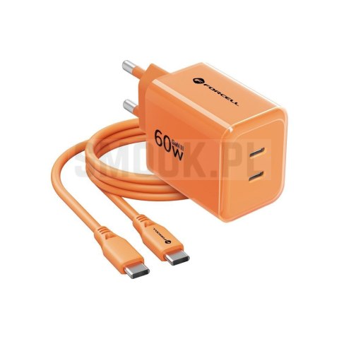 Ładowarka sieciowa do telefonu Forcell F-Energy GaN III Crystal Color 2x USB C AVS SSFC3.0 60W + kabel USB C do USB C VT-60 poma