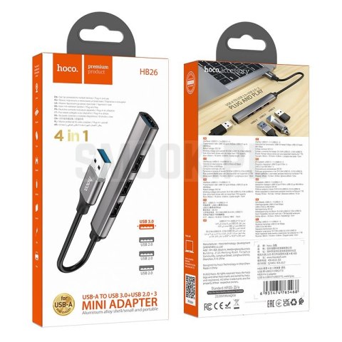 Adapter HUB 4w1 (USB 3.0+USB 2.0 x 3) USB-A Hoco HB26 szary