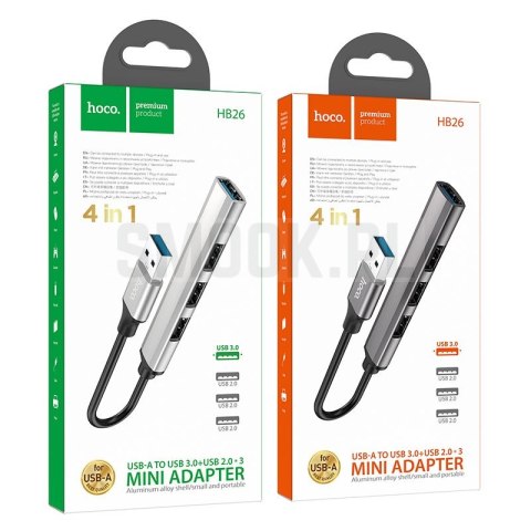 Adapter HUB 4w1 (USB 3.0+USB 2.0 x 3) USB-A Hoco HB26 szary