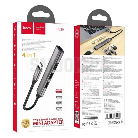 Adapter HUB 4w1 (USB 3.0+USB 2.0 x 3) USB-C Hoco HB26 szary