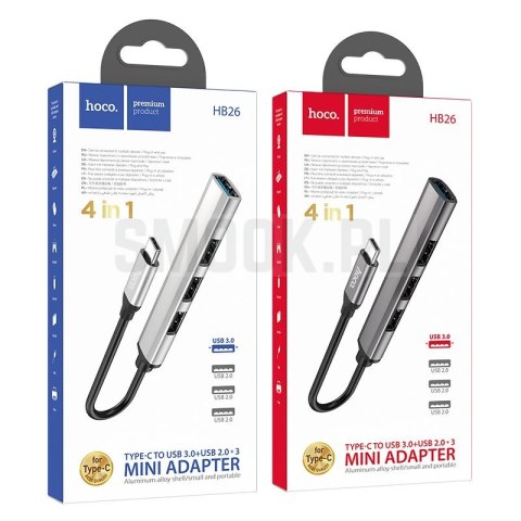 Adapter HUB 4w1 (USB 3.0+USB 2.0 x 3) USB-C Hoco HB26 szary