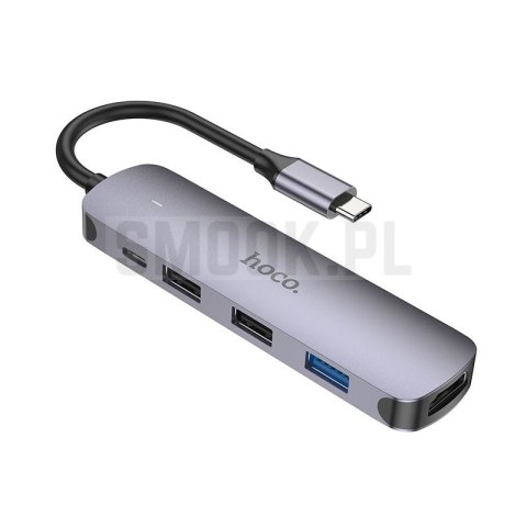 Adapter HUB 5w1 (HDTV+USB 3.0+USB 2.0 x 2+PD) USB-C Hoco HB27 szary