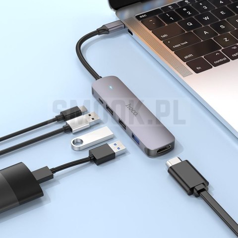 Adapter HUB 5w1 (HDTV+USB 3.0+USB 2.0 x 2+PD) USB-C Hoco HB27 szary