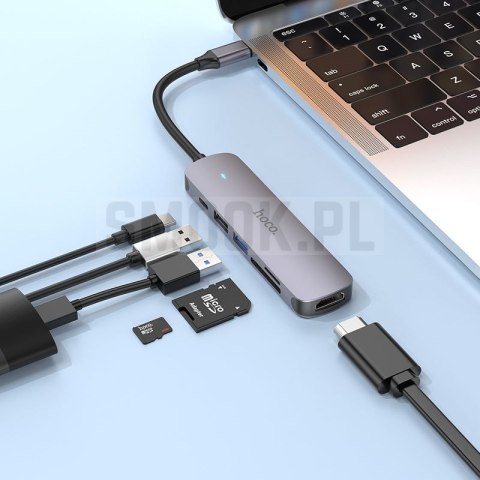 Adapter HUB 6w1 (HDTV+USB 3.0+USB 2.0+SD+TF+PD) USB-C Hoco HB28 czarny