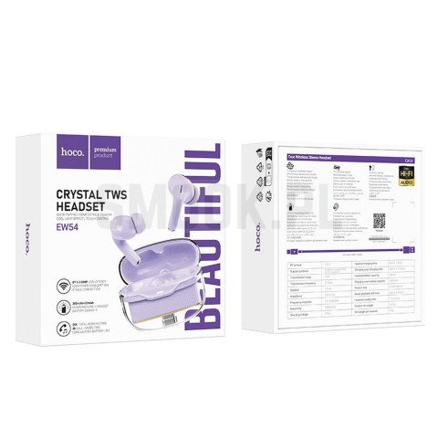 HOCO słuchawki bezprzewodowe bluetooth TWS EW54 fioletowe
