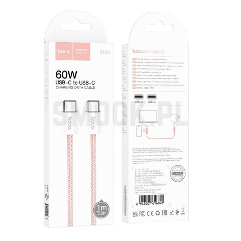 EOL HOCO kabel Typ C do Typ C 3A 60W X104 1 m różowy EOL HOCO kabel Typ C do Typ C 3A 60W X104 1 m różowy